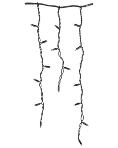 Svart istappsformad ljusslinga med flera vertikala hängande trådar och jämnt placerade LED-lampor, passar för inomhus- eller utomhusdekoration.