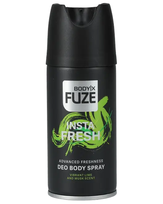 Sort BODYX FUZE Insta Fresh deodorant body spray på aerosol, med frisk lime- og moskusduft.