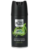 Sort BODYX FUZE Insta Fresh deodorant body spray på aerosol, med frisk lime- og moskusduft.