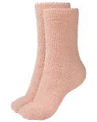 Et par lyserøde, fluffy sokker i blødt, tekstureret stof. Designet til varme og komfort, perfekte til afslapning eller søvn. Elastisk og behagelig pasform.