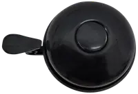 Sort cykelklokke i metal med rund kuppelform og tommelfingerarm til ringning. Klassisk, enkel stil med blank overflade, passer til de fleste cykelstyr.