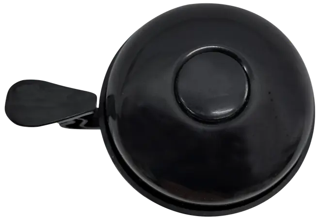 Sort cykelklokke i metal med rund kuppelform og tommelfingerarm til ringning. Klassisk, enkel stil med blank overflade, passer til de fleste cykelstyr.