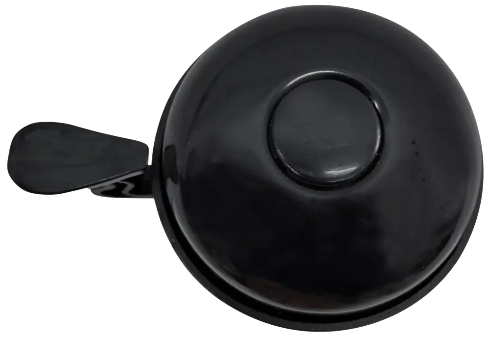 Sort cykelklokke i metal med rund kuppelform og tommelfingerarm til ringning. Klassisk, enkel stil med blank overflade, passer til de fleste cykelstyr.