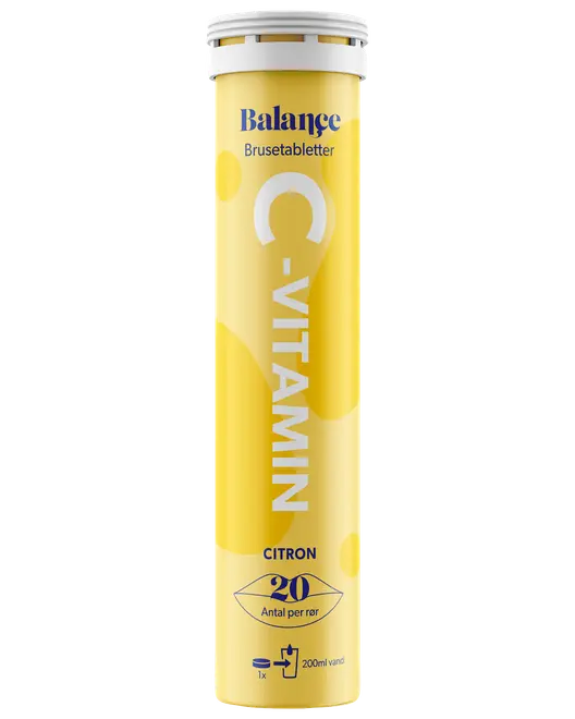 Gul tube med Balance C-vitamin brusetabletter, citronsmag, 20 tabletter, til 200 ml vand.