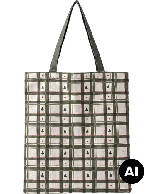 Ternet totebag med lange sorte skulderhåndtag og små hjerte- og træmotiver i et firkantet, rummeligt design. - Billedet er skabt med AI