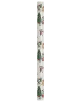Roll of wrapping paper featuring a festive design with Christmas trees, reindeer wearing scarves, and wrapped gifts on a white background. The illustrations are colorful and whimsical, creating a cheerful holiday theme.