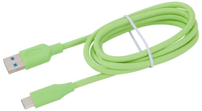 Ljusgrön USB-A till USB-C-kabel, cirka 1 meter lång. Platt, trasselfri design med förstärkta kontakter. Passar för laddning och dataöverföring. Fäst med vit buntband.