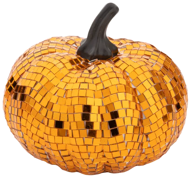 Dekorativ pumpa täckt med glittrande orange mosaikplattor och svart stjälk. Reflekterande yta ger en gnistrande effekt, perfekt för höst- eller Halloween-dekoration.