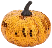 Dekorativ pumpa täckt med glittrande orange mosaikplattor och svart stjälk. Reflekterande yta ger en gnistrande effekt, perfekt för höst- eller Halloween-dekoration.