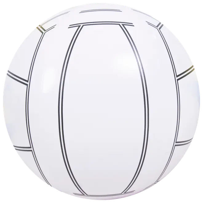 Hvid oppustelig strandbold med tynde sorte panelkonturer, glat og blank overflade, let og velegnet til pool eller strand. Ingen logoer eller ekstra farver synlige.