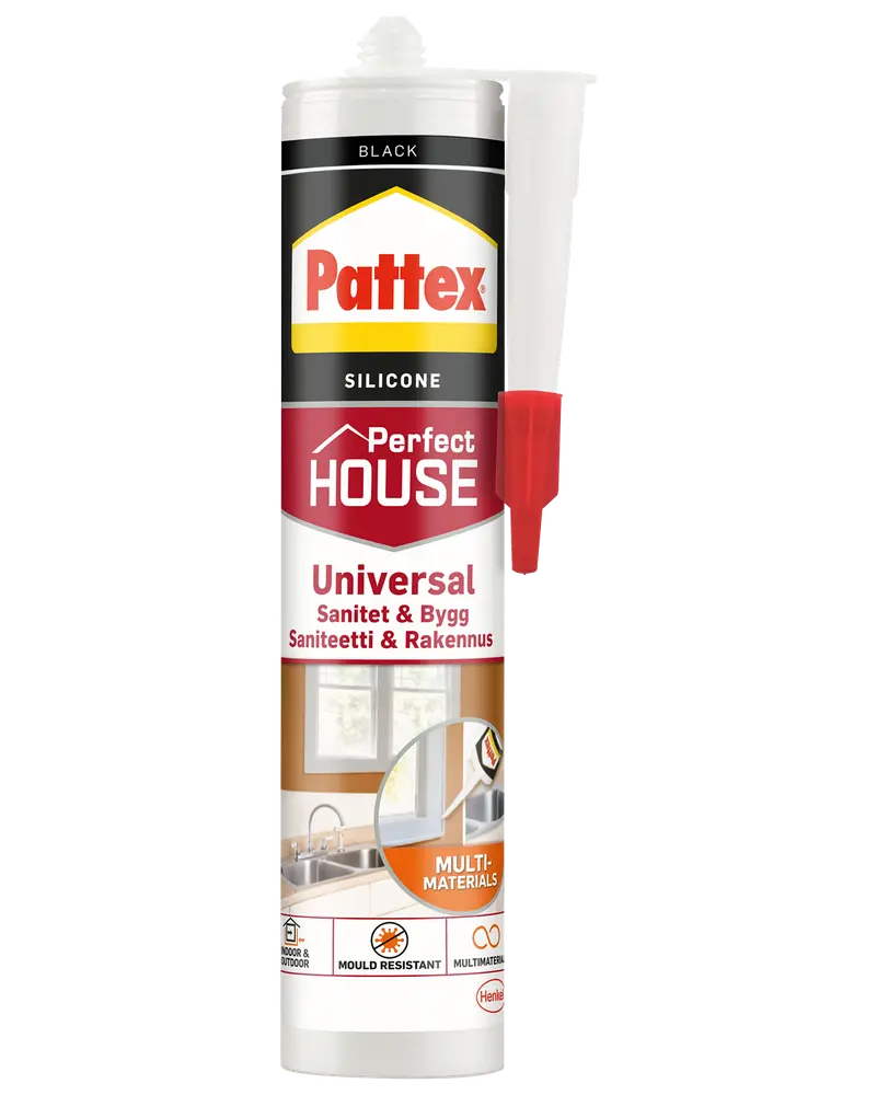 Pattex Perfect House Universal silikonefugemasse, sort, til sanitet og byggeri. Skimmelsvampresistent, til flere materialer, indendørs og udendørs brug. 300ml patron med dyse.