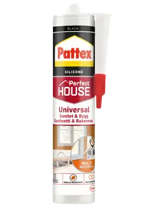 Pattex Perfect House Universal silikonefugemasse, sort, til sanitet og byggeri. Skimmelsvampresistent, til flere materialer, indendørs og udendørs brug. 300ml patron med dyse.