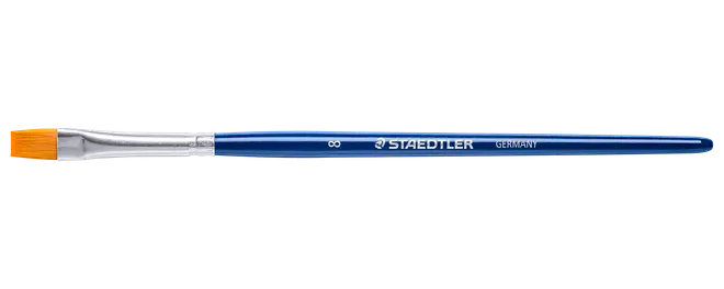 Flad pensel med orange børster, sølvfarvet hylster og blå STAEDTLER-håndtag mærket Germany.