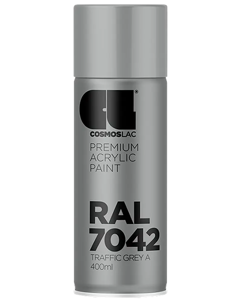 Cosmoslac premium akryl spraymaling, RAL 7042 Traffic Grey A, 400ml dåse. Mat finish, velegnet til indendørs og udendørs brug, nem påføring, holdbar og vejrbestandig.