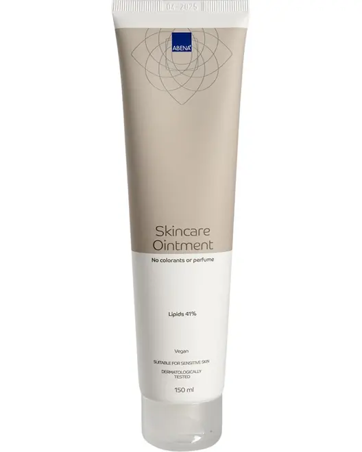 Beige og hvid ABENA Skincare Ointment tube, 150 ml, med 41% lipider, vegansk, dermatologisk testet, uden parfume og farvestoffer til sensitiv hud.