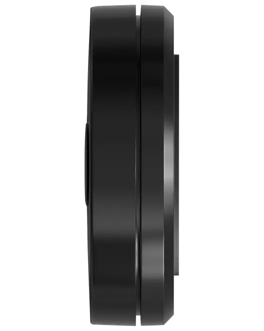 Sidevisning af en elegant sort rund enhed med glat mat finish, slank profil og metalliske kantdetaljer.
