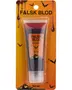 Tube med falsk blod til huden, 50 ml. Pakket på orange kort med Halloween-tema, flagermus og bloddråber. Perfekt til kostumer og special effects.