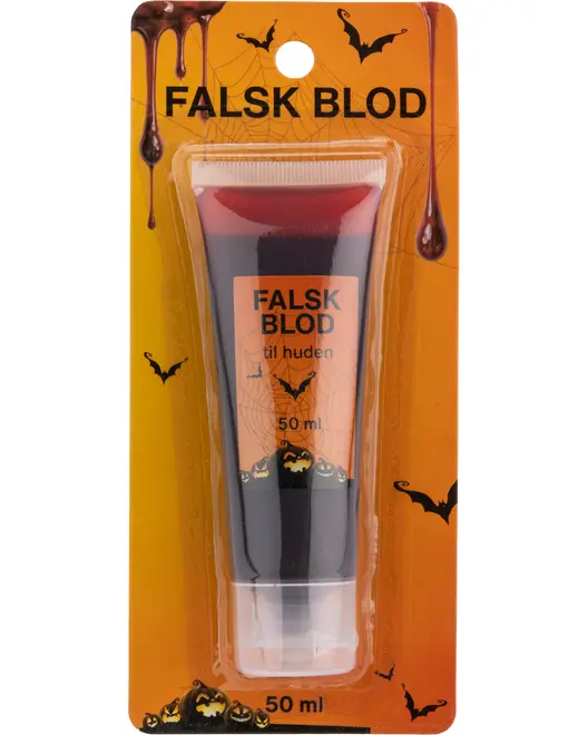 Tube med falsk blod til huden, 50 ml. Pakket på orange kort med Halloween-tema, flagermus og bloddråber. Perfekt til kostumer og special effects.