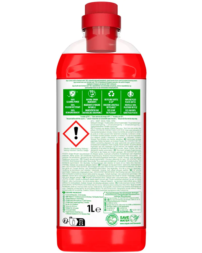 Rød låg 1-liters flaske med rengøringsmiddel, grøn og hvid etiket med produktinformation, sikkerhedsadvarsler og genbrugsdetaljer. Fremstillet af naturlige ingredienser og genbrugsplast.