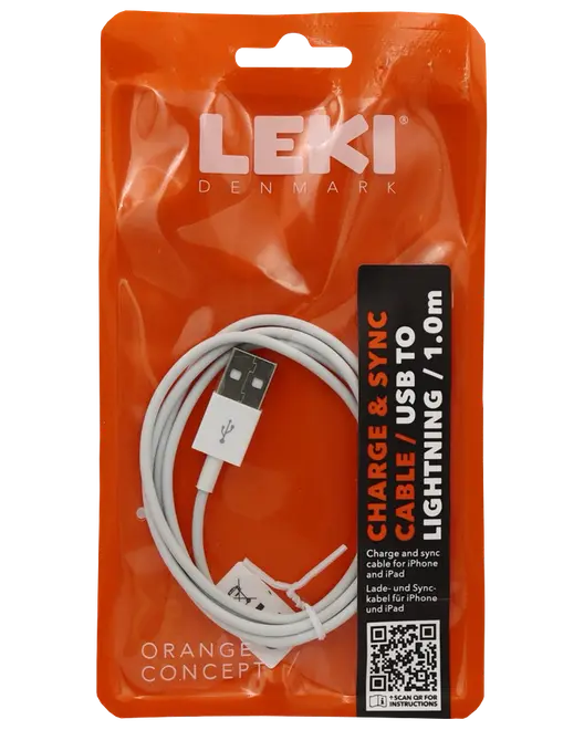 Hvid USB til Lightning-kabel, 1,0 meter langt, til opladning og synkronisering af iPhone og iPad. Pakket i en orange LEKI Denmark pose med tydelig mærkning.
