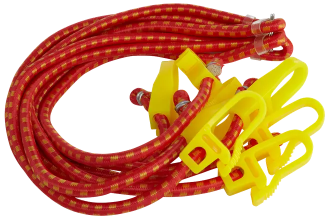 Røde og gule elastiske bagagestropper med gule plastik-kroge, ideelle til fastgørelse af genstande under transport eller opbevaring. Holdbare, fleksible og nemme at bruge.