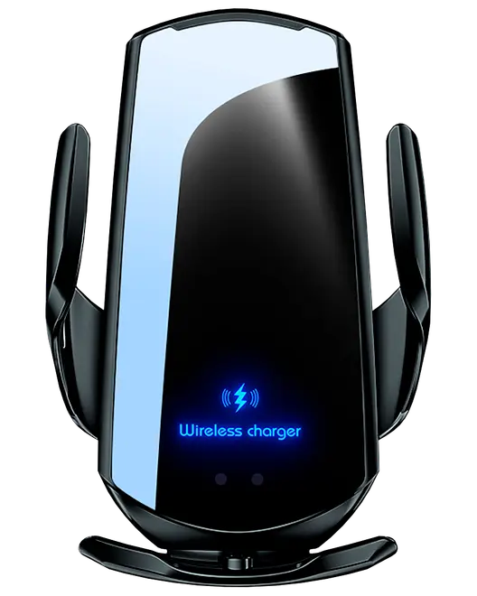 Stilren svart trådlös laddare med reflekterande yta, sidogrepp för enheter och blå LED-indikator med texten 'Wireless charger'. Passar smartphones och kompatibla enheter.