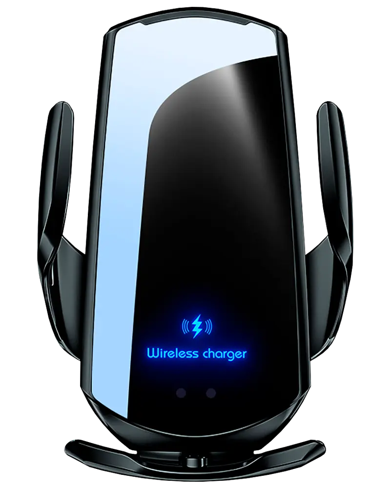 Stilren svart trådlös laddare med reflekterande yta, sidogrepp för enheter och blå LED-indikator med texten 'Wireless charger'. Passar smartphones och kompatibla enheter.