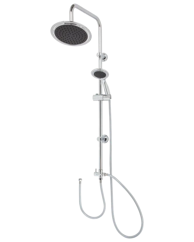 Kromad duschanläggning med stor takdusch, justerbart handduschhuvud, flexibel slang och väggmonterad stång. Modern design för samtida badrum.