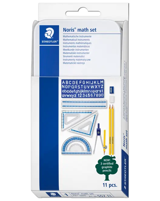 Staedtler Noris matematik-sæt med 11 dele: lineal, gradskive, vinkelmålere, passer, blyanter, viskelæder, blyantspidser og skabelon. Perfekt til geometri og matematik.