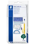 Staedtler Noris matematik-sæt med 11 dele: lineal, gradskive, vinkelmålere, passer, blyanter, viskelæder, blyantspidser og skabelon. Perfekt til geometri og matematik.
