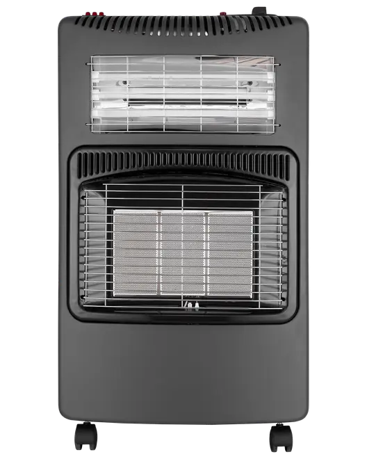 Svart portabel gasvärmare med skyddsgaller, två värmeelement och fyra hjul för enkel förflyttning. Passar inomhusbruk, har justerbar värme och säkerhetsfunktioner.