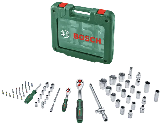 Bosch topnøglesæt med forskellige toppe, skraldenøgler, skruetrækkerhåndtag og forlængerstænger, alt samlet i en robust grøn plastkuffert med røde låse og håndtag.