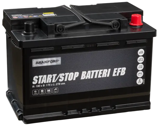 Branford Start/Stop EFB bilbatteri, sort rektangulært design, mærket til bilbrug. Mål: 190 x 175 x 278 mm. Med topterminaler og tydelig produktbranding.