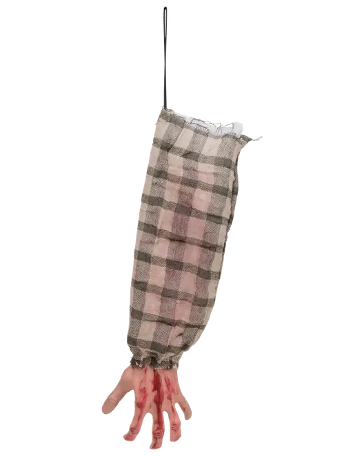 Halloweenpryl med en fejkadad hand med blod, fastsatt vid svartvit-rutig ärm. Perfekt för att hängas upp som skrämmande dekoration.