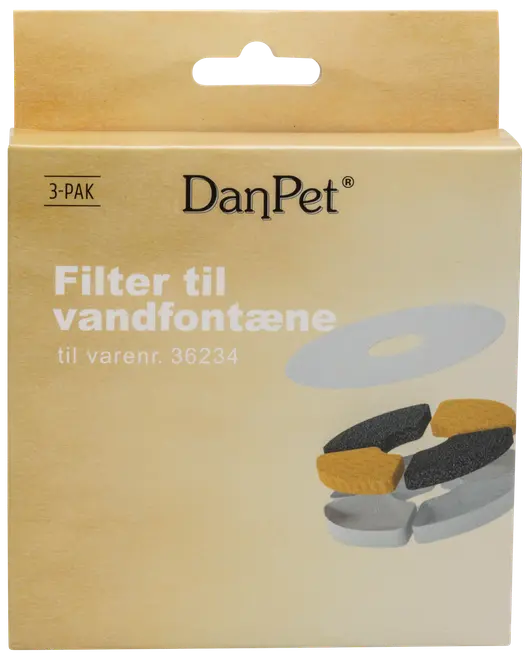 DanPet filter til vandfontæne, 3-pak. Udskiftningsfiltre til kæledyrs vandfontæne, varenr. 36234. Indeholder tre runde, flerlagede filtre for rent, frisk vand.