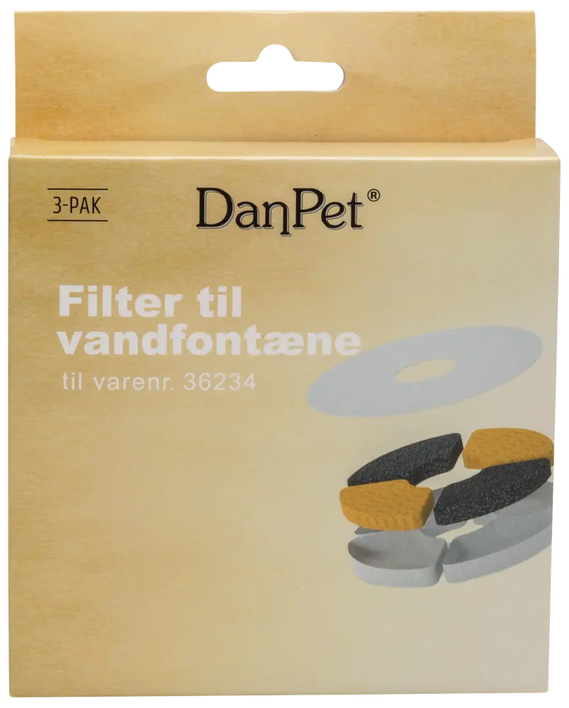 DanPet filter til vandfontæne, 3-pak. Udskiftningsfiltre til kæledyrs vandfontæne, varenr. 36234. Indeholder tre runde, flerlagede filtre for rent, frisk vand.