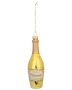 Gylden champagneflaske-ornament med ophængssnor, kobberfarvet hals og dekorativ etiket.