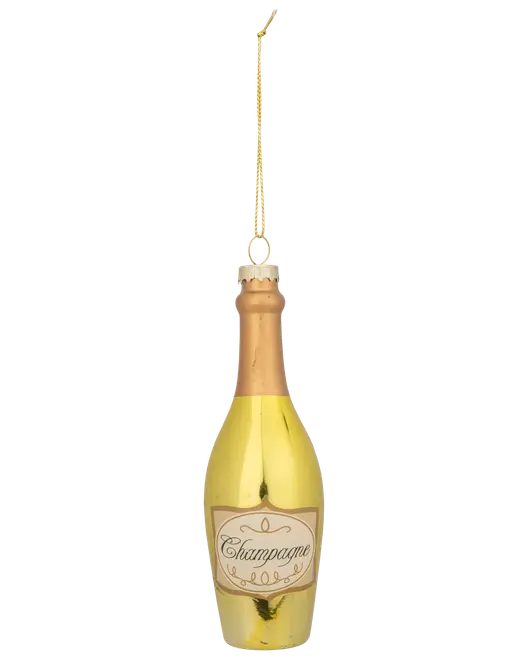 Gylden champagneflaske-ornament med ophængssnor, kobberfarvet hals og dekorativ etiket.