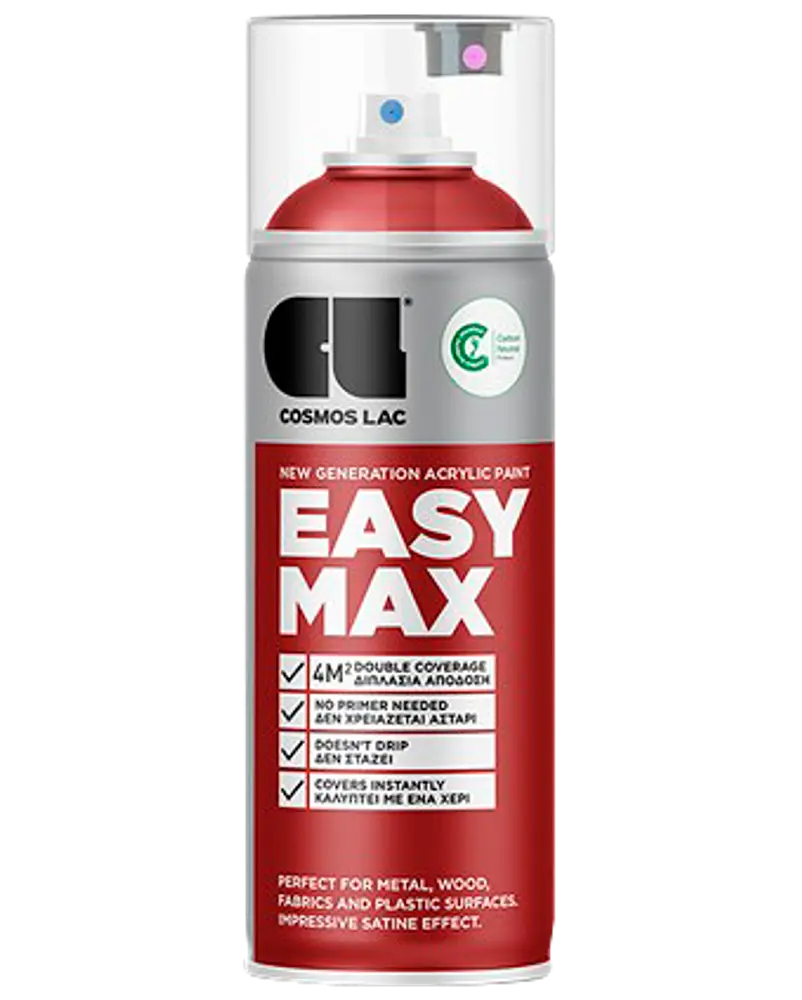 Cosmos Lac Easy Max akryl spraymaling, 400 ml dåse, rød farve, egnet til metal, træ, stof og plast. Giver dobbelt dækning, tørrer hurtigt, satin finish.