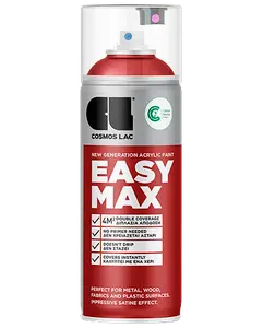 Cosmos Lac Easy Max akryl spraymaling, 400 ml dåse, rød farve, egnet til metal, træ, stof og plast. Giver dobbelt dækning, tørrer hurtigt, satin finish.