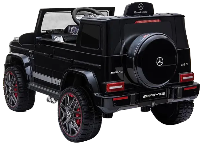 Sort Mercedes-Benz AMG G63 elbil til børn med realistiske detaljer, reservehjul, instrumentbræt, rat og hjul med røde accenter. Batteridrevet, luksuriøst design, egnet til børn.