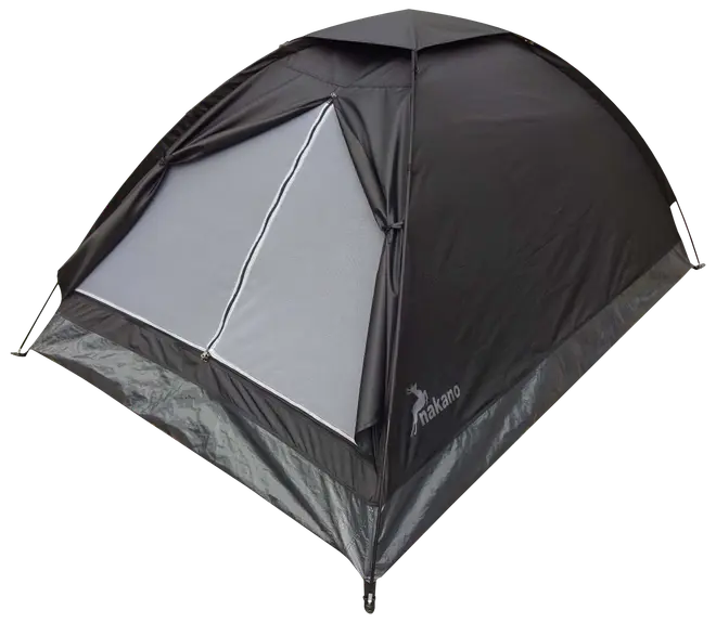 Kupoltält för två personer med svart och grått vattentätt tyg, dragkedja framtill och förstärkta sömmar. Nakano-logga på sidan. Passar camping och friluftsliv.