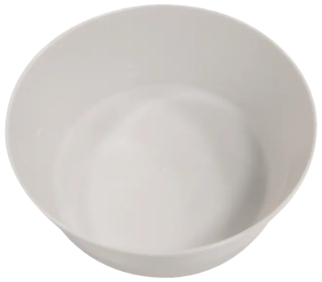 Rund, hvid plastik røreskål med glatte sider og flad bund. Velegnet til madlavning, bagning eller servering. Let og holdbar til daglig brug i køkkenet.