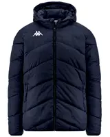 Navy blue padded jacket with a hood, featuring a full-length black zipper closure at the front. The jacket has a chevron quilted pattern and two side pockets. A white Kappa logo is embroidered on the left chest.