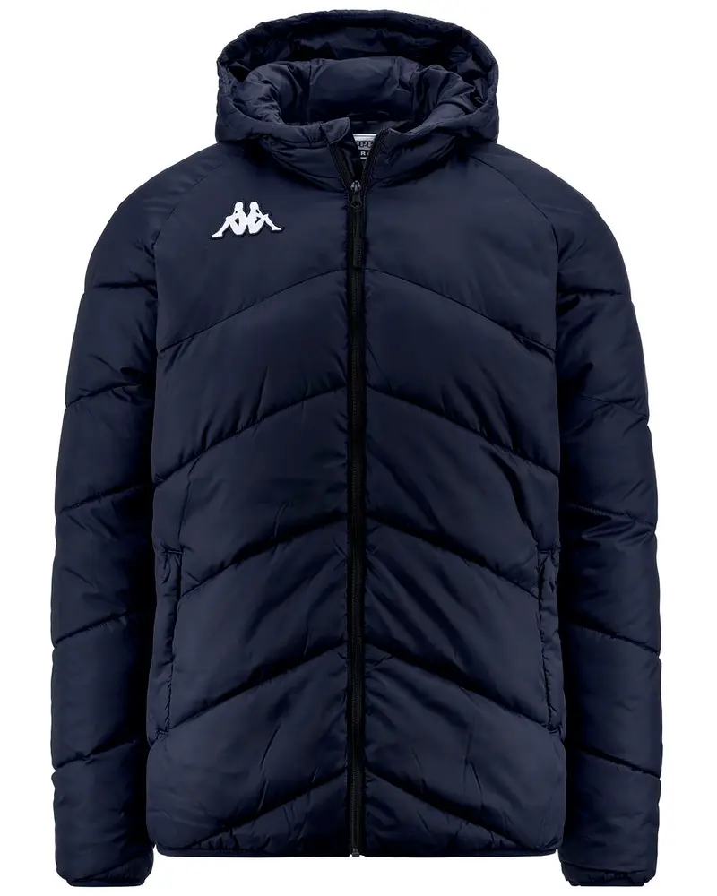 Navy blue padded jacket with a hood, featuring a full-length black zipper closure at the front. The jacket has a chevron quilted pattern and two side pockets. A white Kappa logo is embroidered on the left chest.