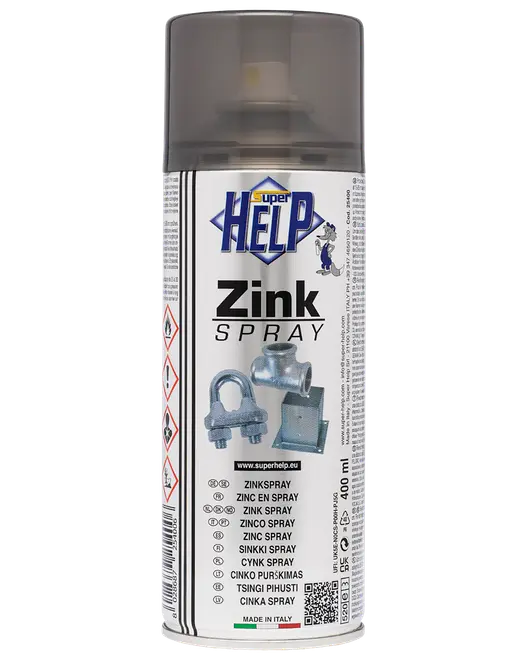 Super Help zinkspray aerosol dåse med mørk hætte, 400 ml, til korrosionsbeskyttelse af metaldele og beslag.