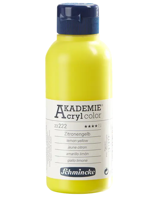 Schmincke Akademie Acryl color flaska, citrongul nyans, 250 ml, blå skruvlock, flerspråkig etikett. Passar konstnärer, akrylfärg, hög pigmentering, vattenbaserad.