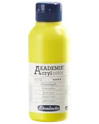 Schmincke Akademie Acryl color flaska, citrongul nyans, 250 ml, blå skruvlock, flerspråkig etikett. Passar konstnärer, akrylfärg, hög pigmentering, vattenbaserad.