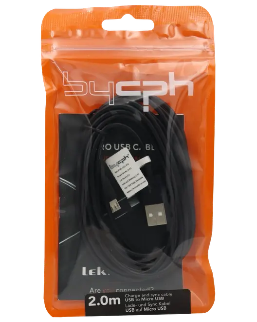 2 meter sort USB til Micro USB oplade- og synkroniseringskabel, pakket i en genlukkelig orange plastpose med gennemsigtig front, egnet til forskellige elektroniske enheder.