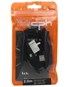 2 meter sort USB til Micro USB oplade- og synkroniseringskabel, pakket i en genlukkelig orange plastpose med gennemsigtig front, egnet til forskellige elektroniske enheder.